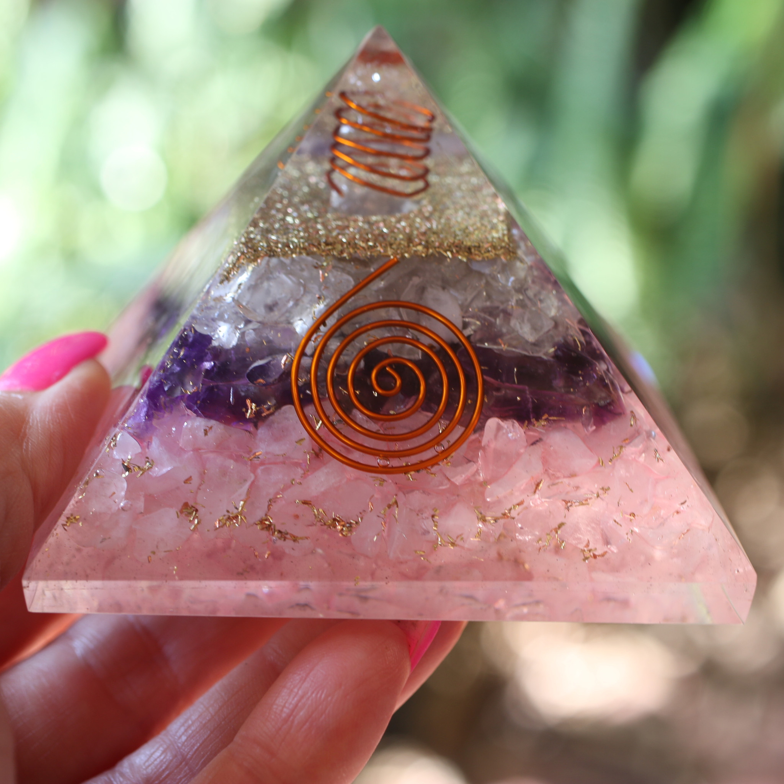 Amethyst Rose & Clear Quartz Orgone Pyramid XL 3in 75mm EMF & 5G Protection