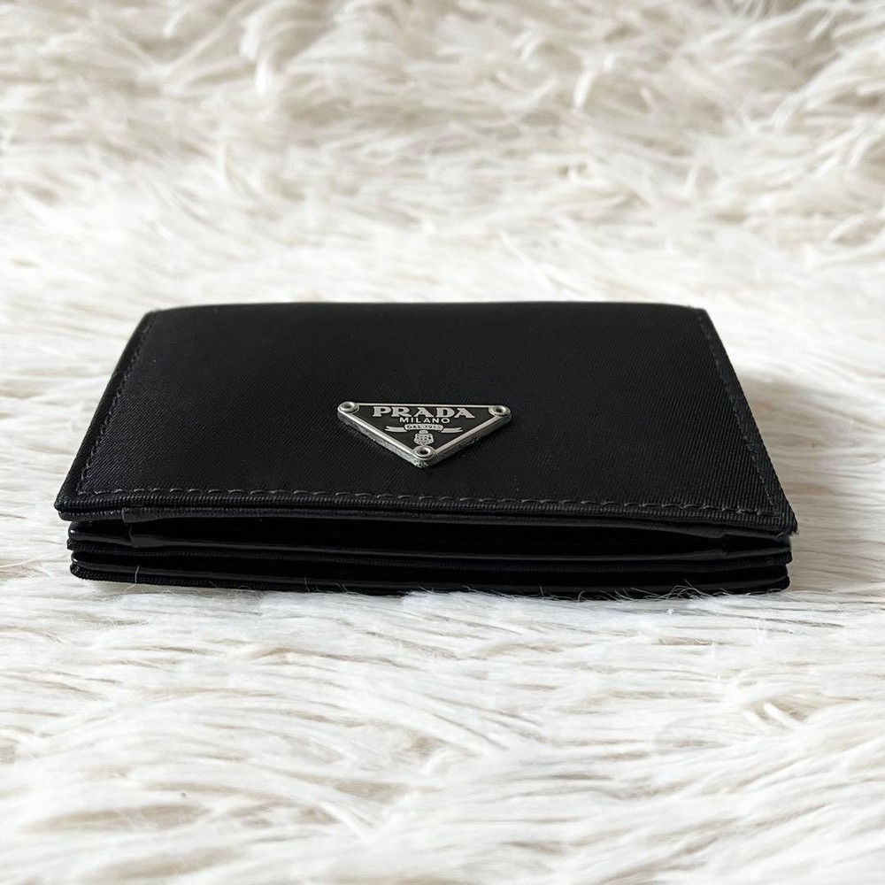 PRADA Triangle Logo Plate Compact Bi-Fold Wallet Black