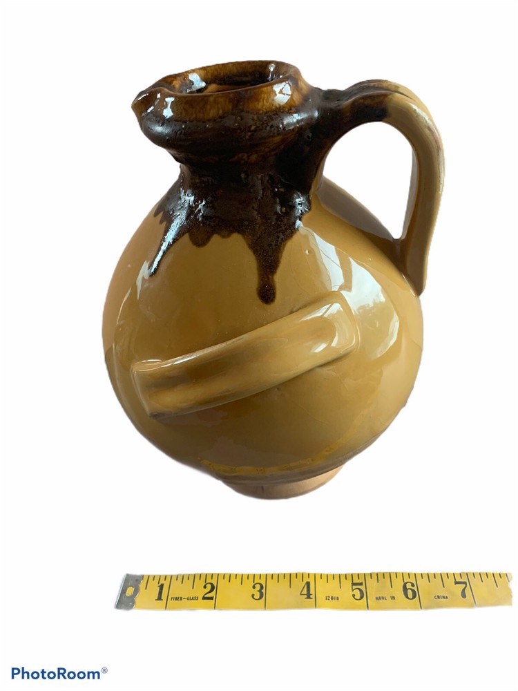 Ceramic Jug Pitcher Brown And Honey Colored Drip Three Handles ￼Old Fashioned