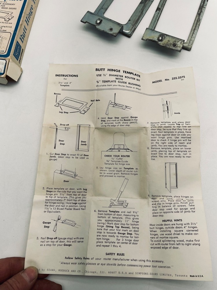 Vintage Sears Craftsman Butt Hinge Template 3-1/2" & 4" No. 92575