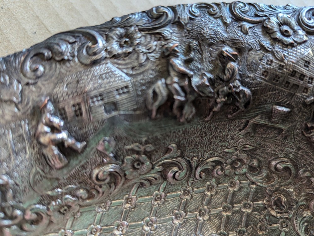 Vintage Silver Plate REPOUSSE Colonial Scene OVAL TRAY Design 7" X 13"