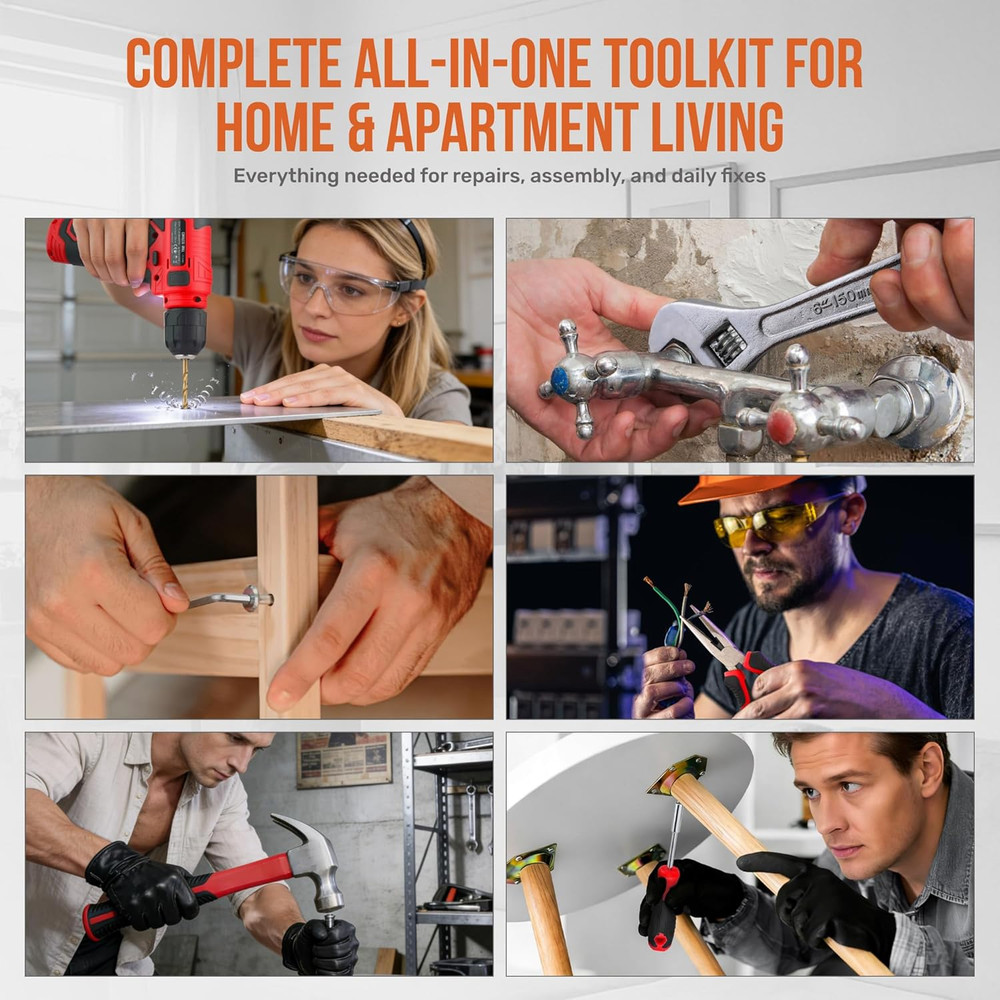 Tool Set with 8V Cordless Drill Set. Complete DIY Tool Kit with USB Rechargeable