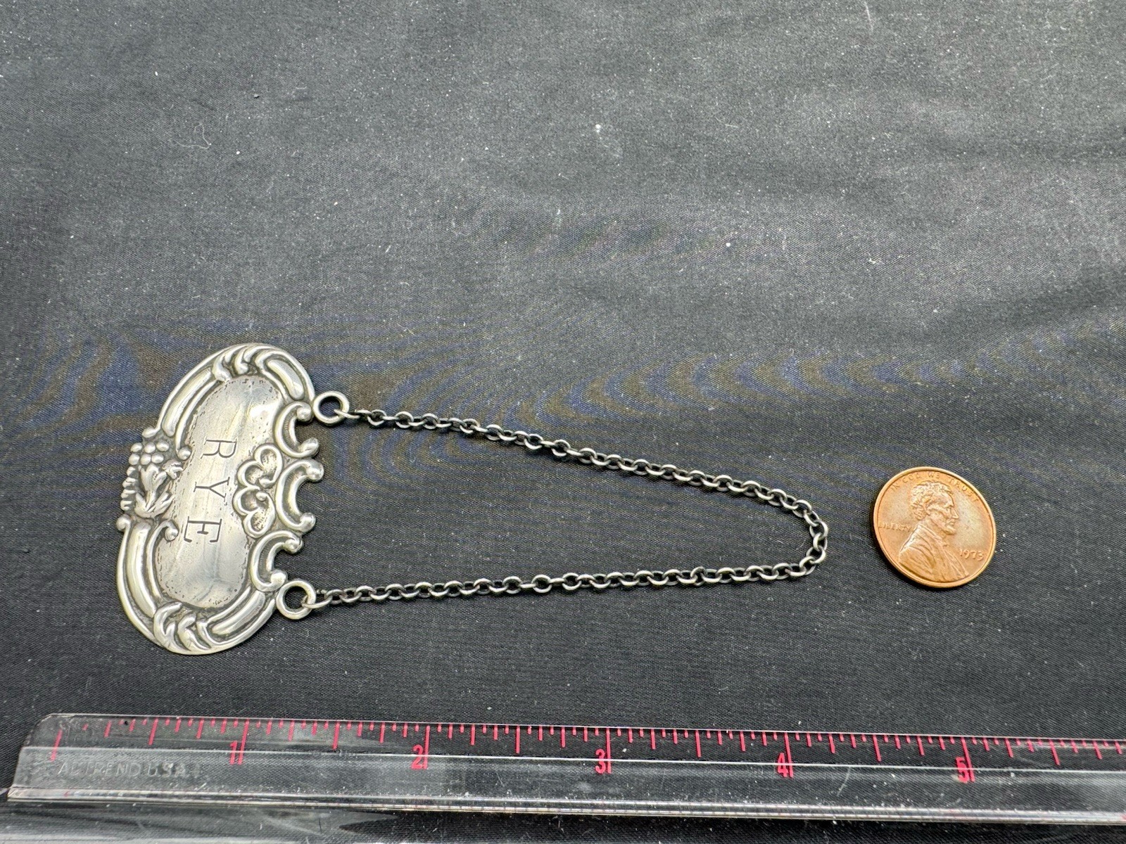 Vintage Sterling Silver DECANTER Liquor Bottle Tag Label "RYE"