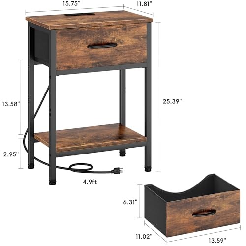 Nightstand with Charging Station, End Table with Fabric Rustic Brown (1 Pack)