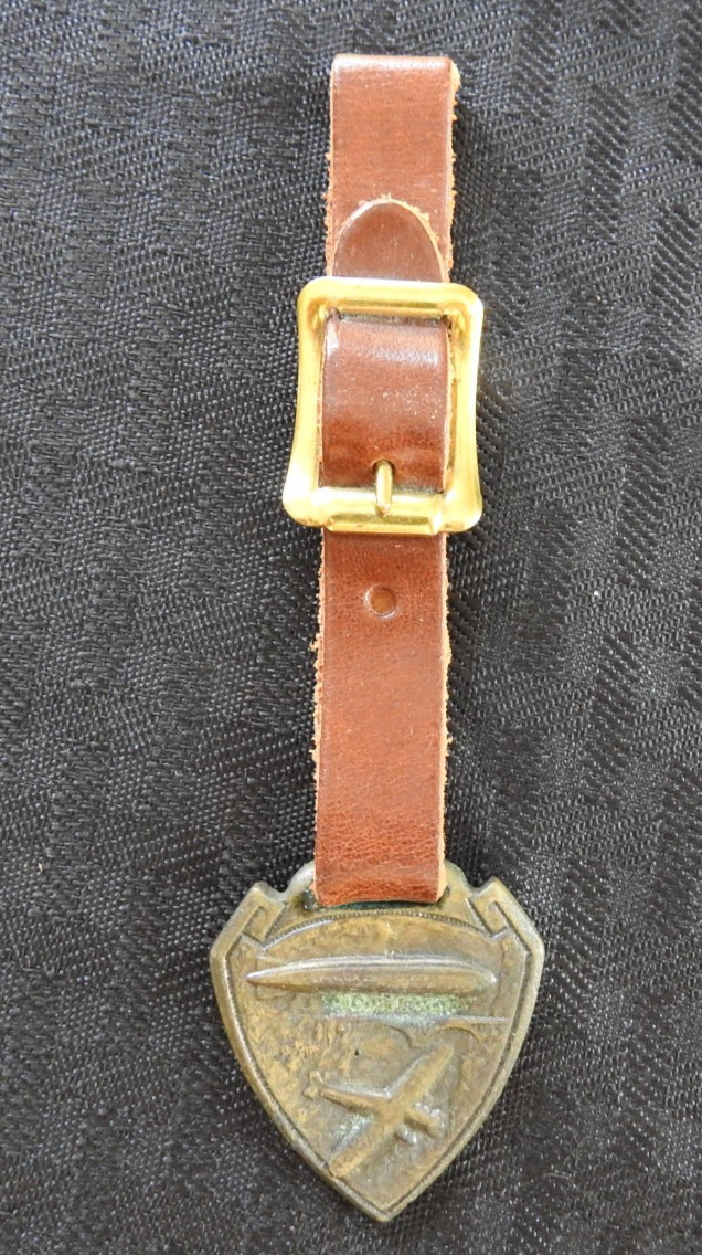 OLD c.1918 WW1 Vintage Brass Zeppelin Airship + Airplane Brass Watch Fob W/Strap