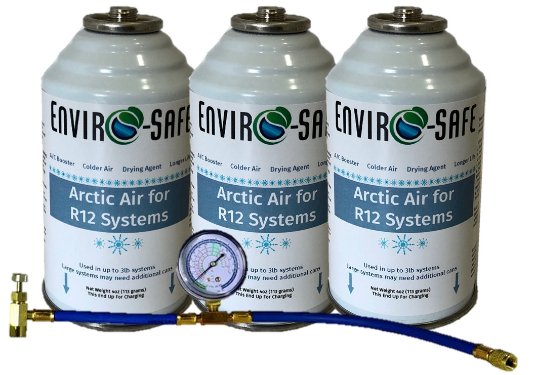 Envirosafe Arctic air for R12, Auto AC support, 3 cans & brass charging gauge