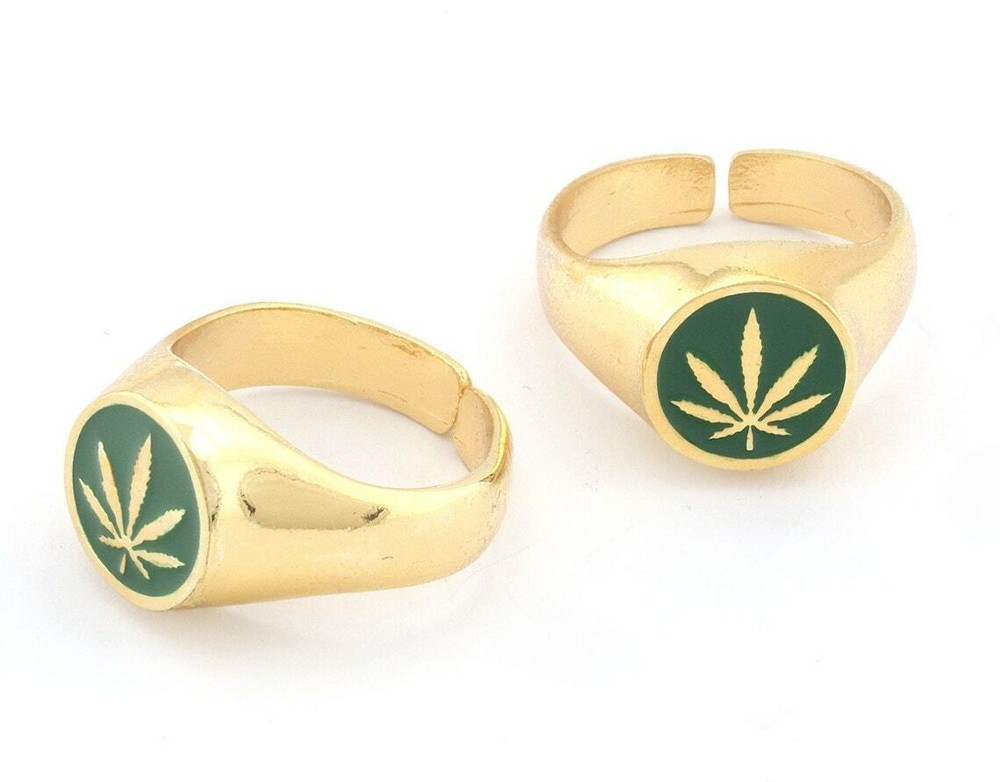Leaf Ring Adjustable Green Enamel Filled Shiny Gold