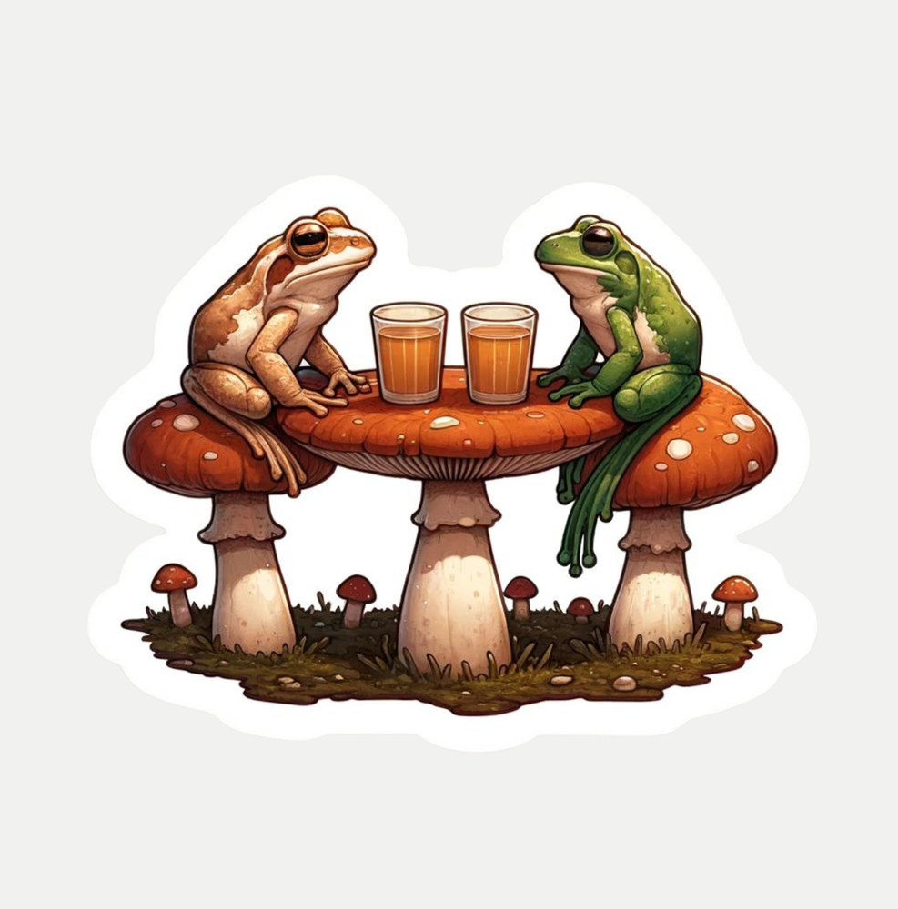2" Two Toads On Toadstools Having Drinks Sticker, Decal, Mushroom, Table, Retro