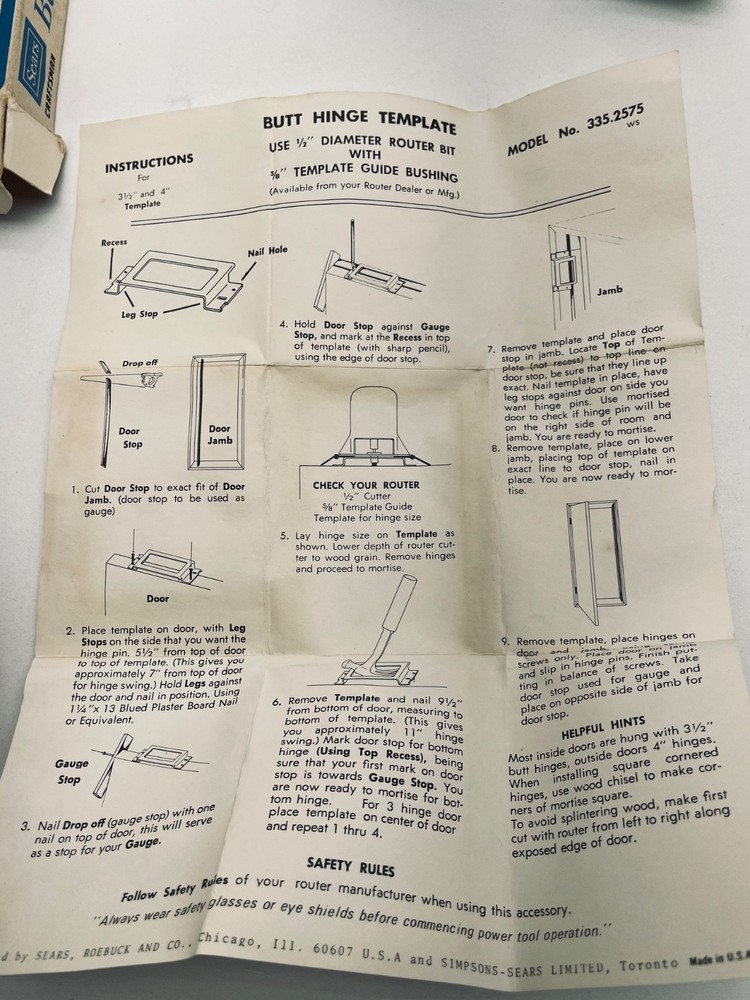 Vintage Sears Craftsman Butt Hinge Template 3-1/2" & 4" No. 92575