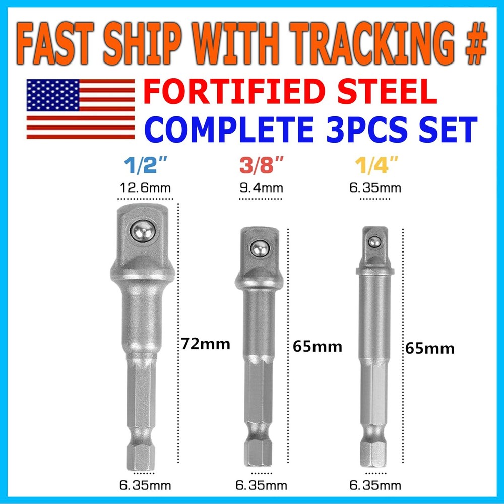 3pc Socket Adapter Set Hex Shank to 1/4" 3/8" 1/2" Impact DRIVER GRADE Drills