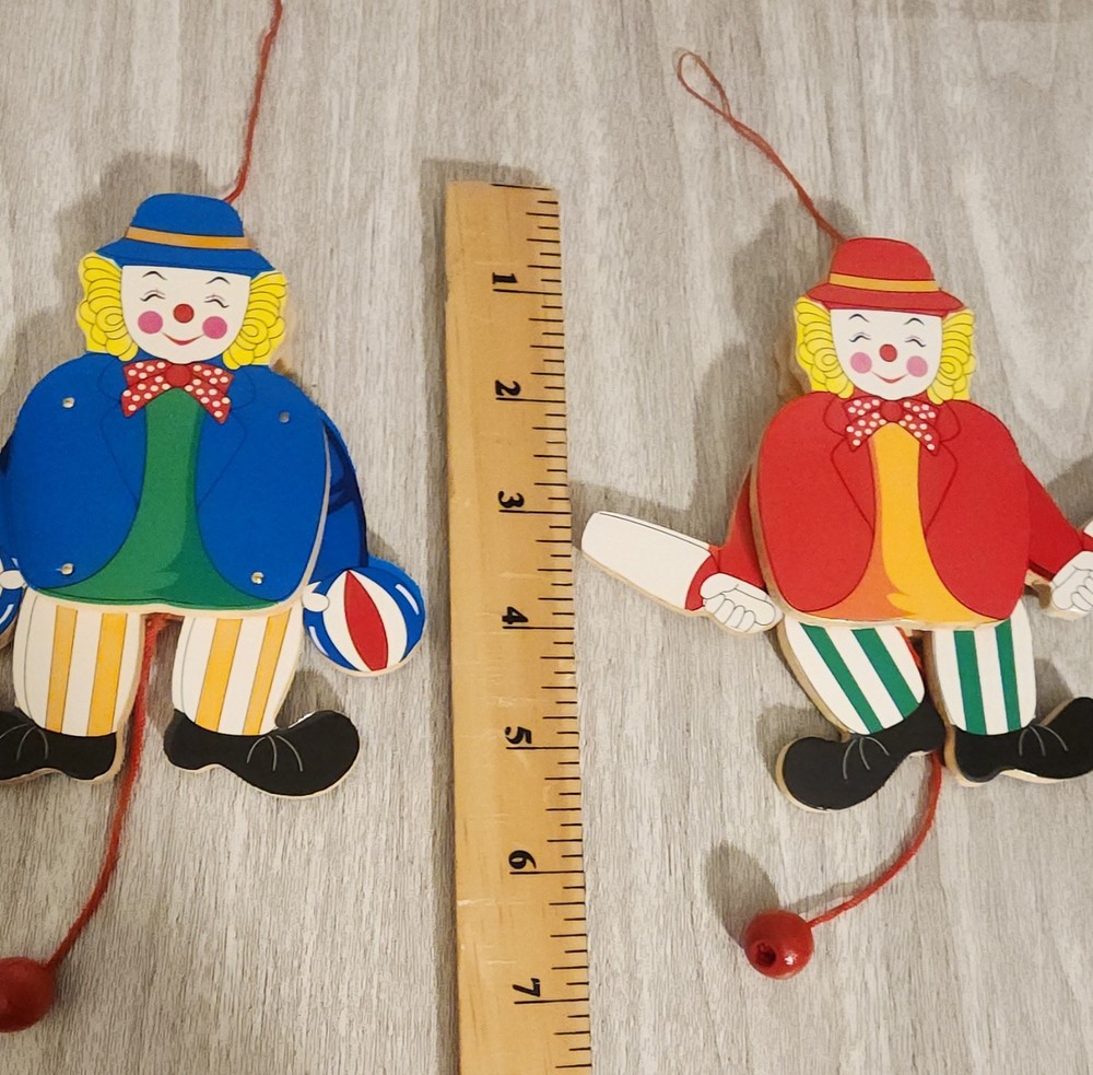 2 Vintage Pull String Jumping Jack Wooden Puppet Clowns Hand Painted