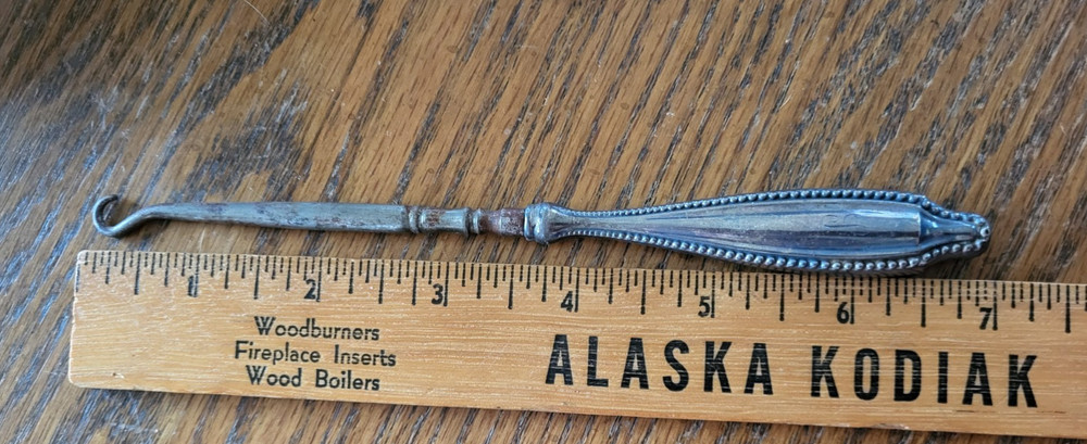 Rare 7" Antique Silver Handle Button Hook Leather Manicure Tool