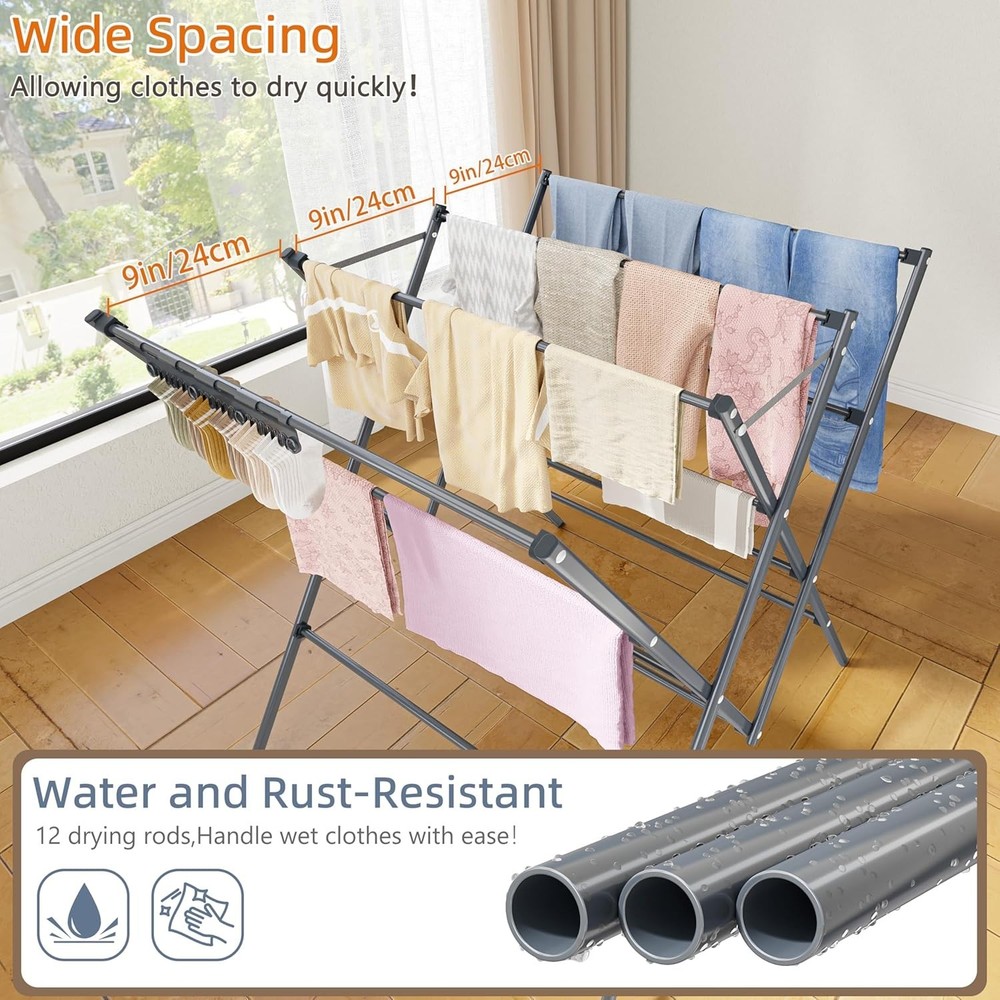 Space-Saving 12-Pole Foldable Drying Rack with Sock Clips for Indoor & Outdoor