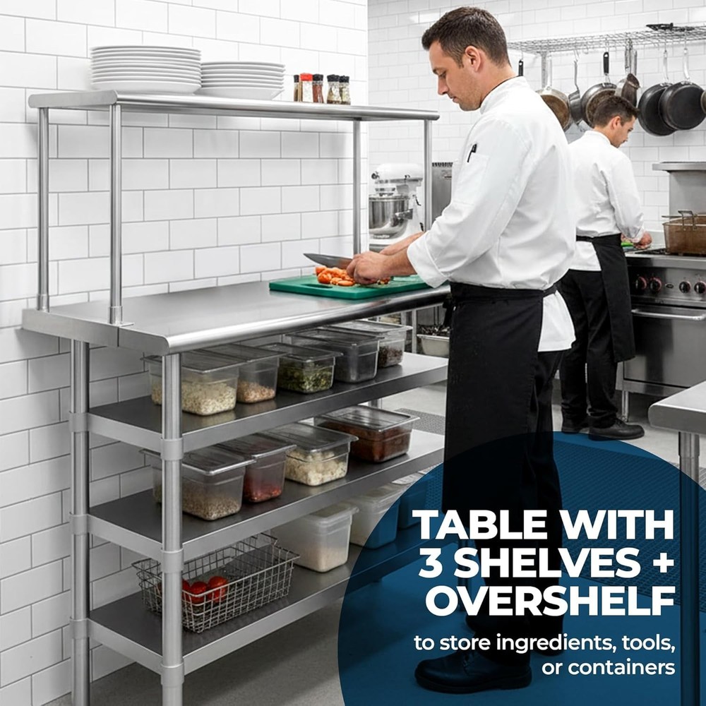 Stainless Steel Work Table with 3 Undershelves & 12" Single Tier Overshelf
