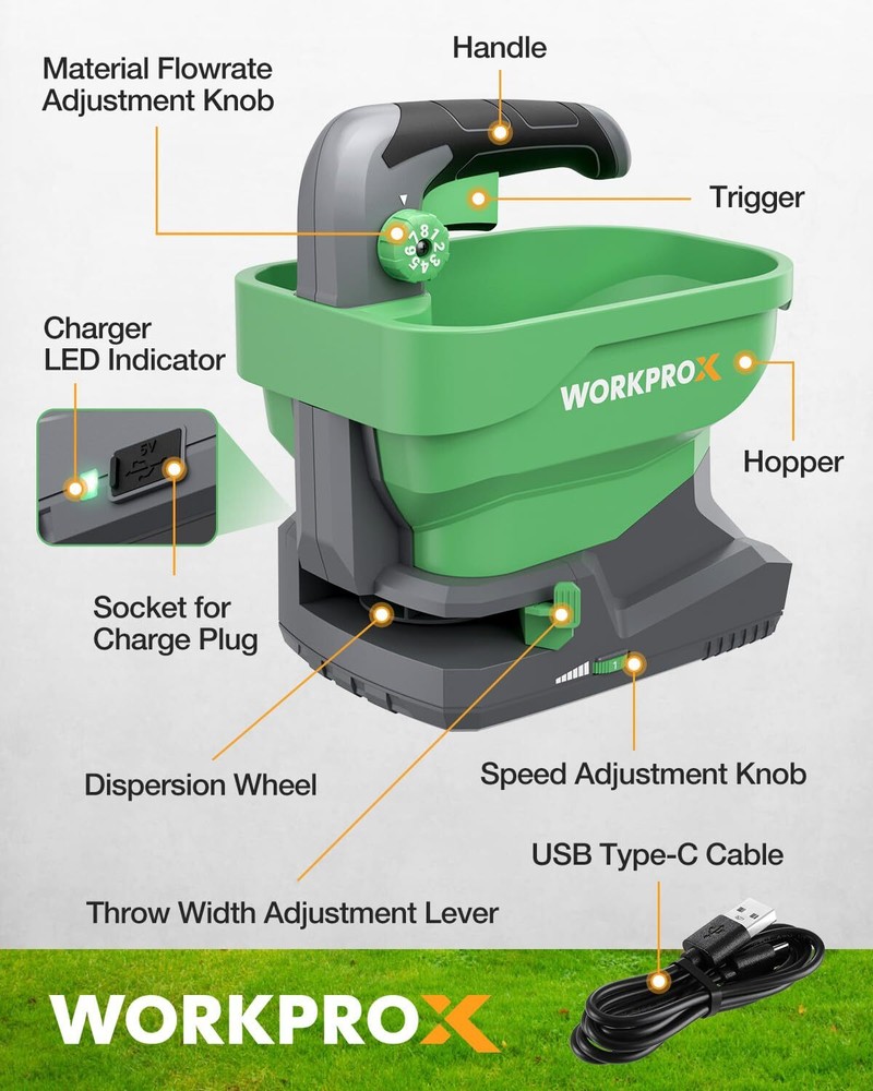 WORKPROX Battery Powered Fertilizer Spreader 7.2V Seed Spreader for Salt 8-level