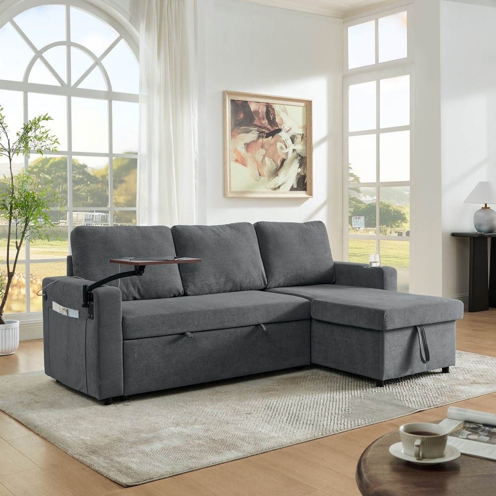 Convertible Sleeper Sofa Bed with Pull Out Bed & LED Lights & USB Charging Ports