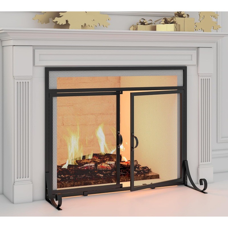 Screen with Doors,Solid Wrought Iron Frame with Metal Mesh,Flat Panel Decorative