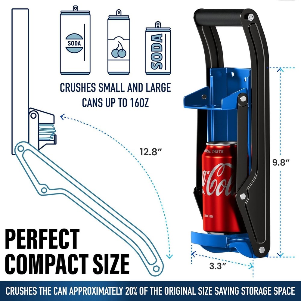 Space-Saving 16 oz Can Crusher with Bottle Opener - Durable Wall-Mounted Design