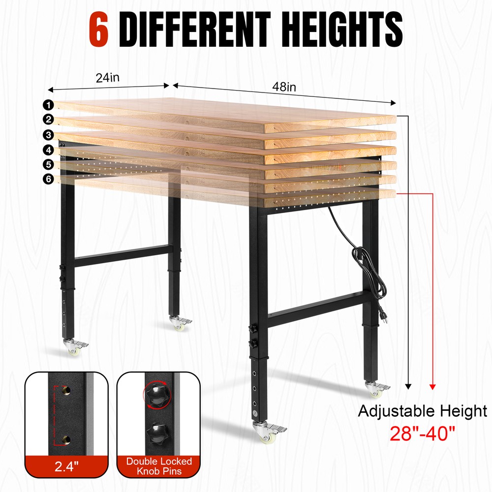 Adjustable Height Workbench 48"L x 24"W Work Bench Table w/ Power Outlets&Wheels