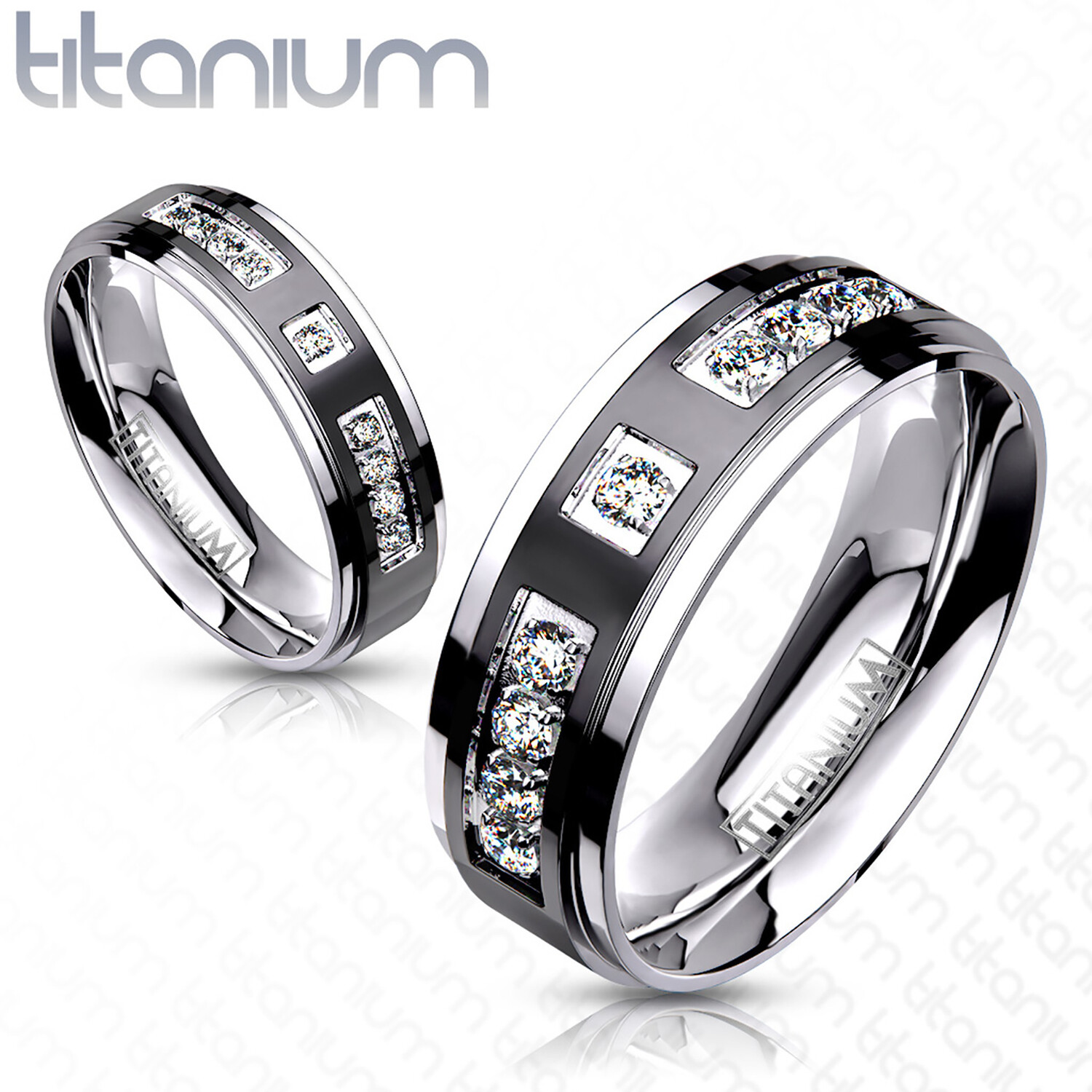 HERS & HIS STAINLESS STEEL 3 PIECE CZ WEDDING RING SET AND ETERNITY WEDDING BAND
