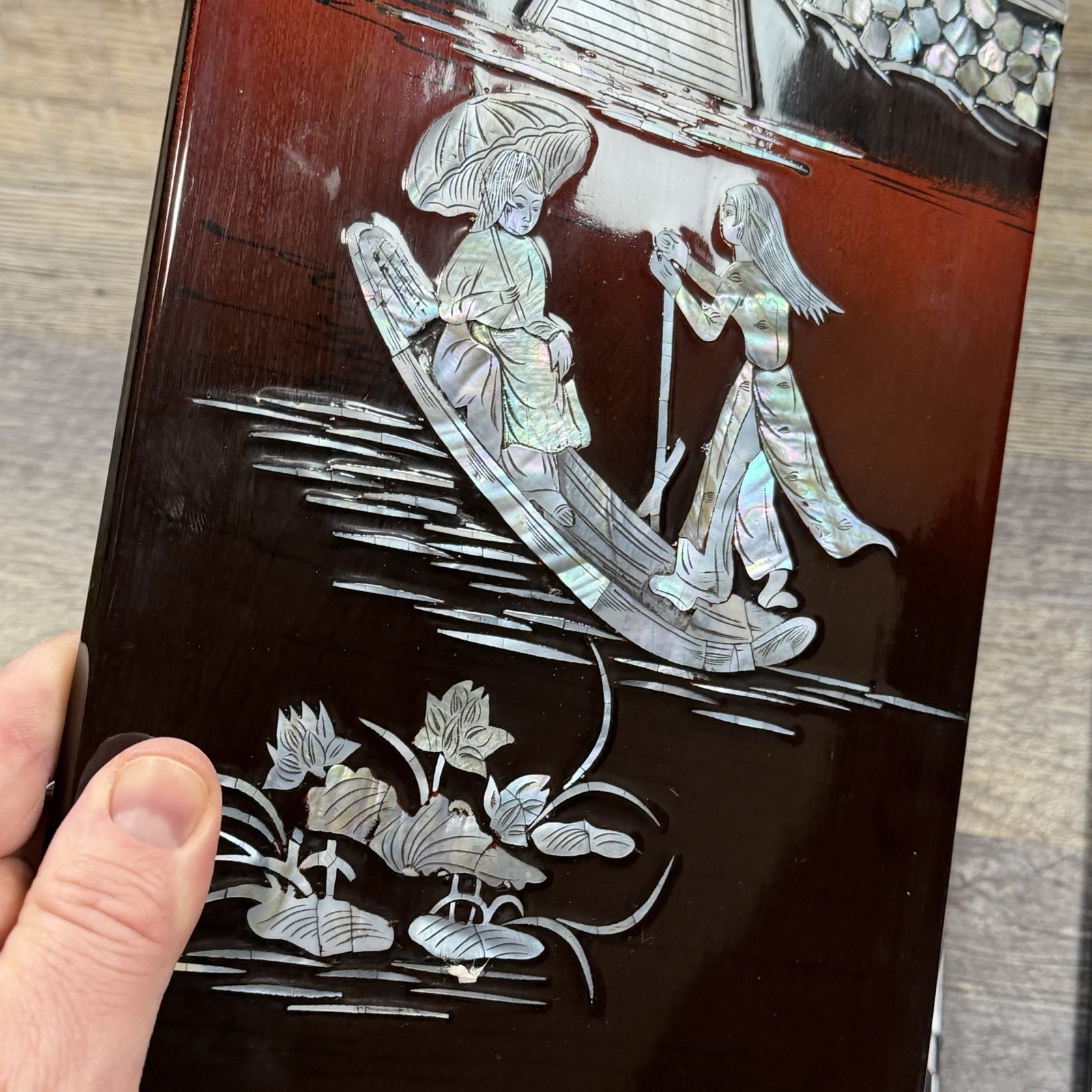 3 Vintage Asian Mother of Pearl Inlay Red Lacquer Wall Panels Village Landscape