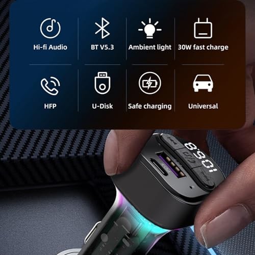 Bluetooth 5.3 FM Transmitter for Car, Bluetooth Car Adapter with Type-C Black