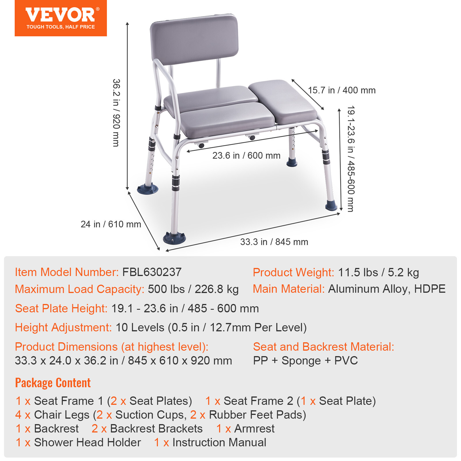 VEVOR Tub Transfer Bench Shower Seat with Reversible Backrest