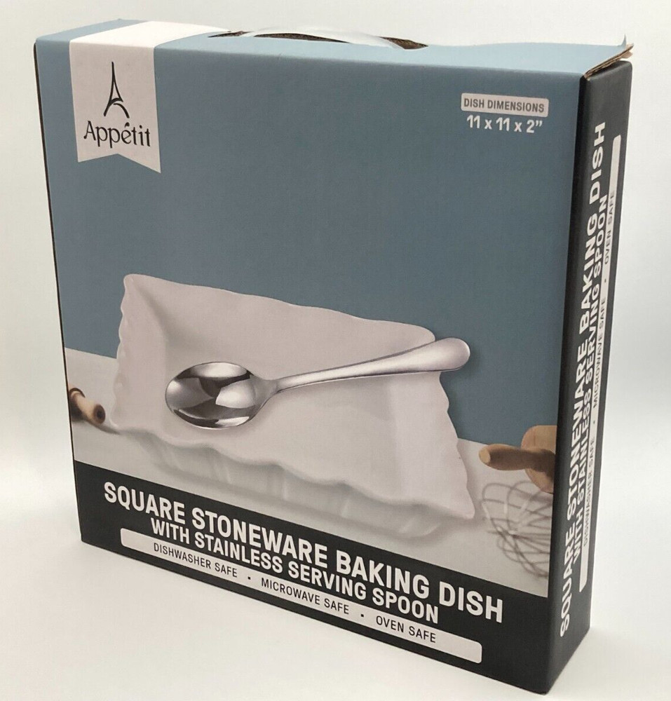 Appetit Square Stoneware Baking Dish w/ Stainless Serving Spoon 11"x11"x2" White