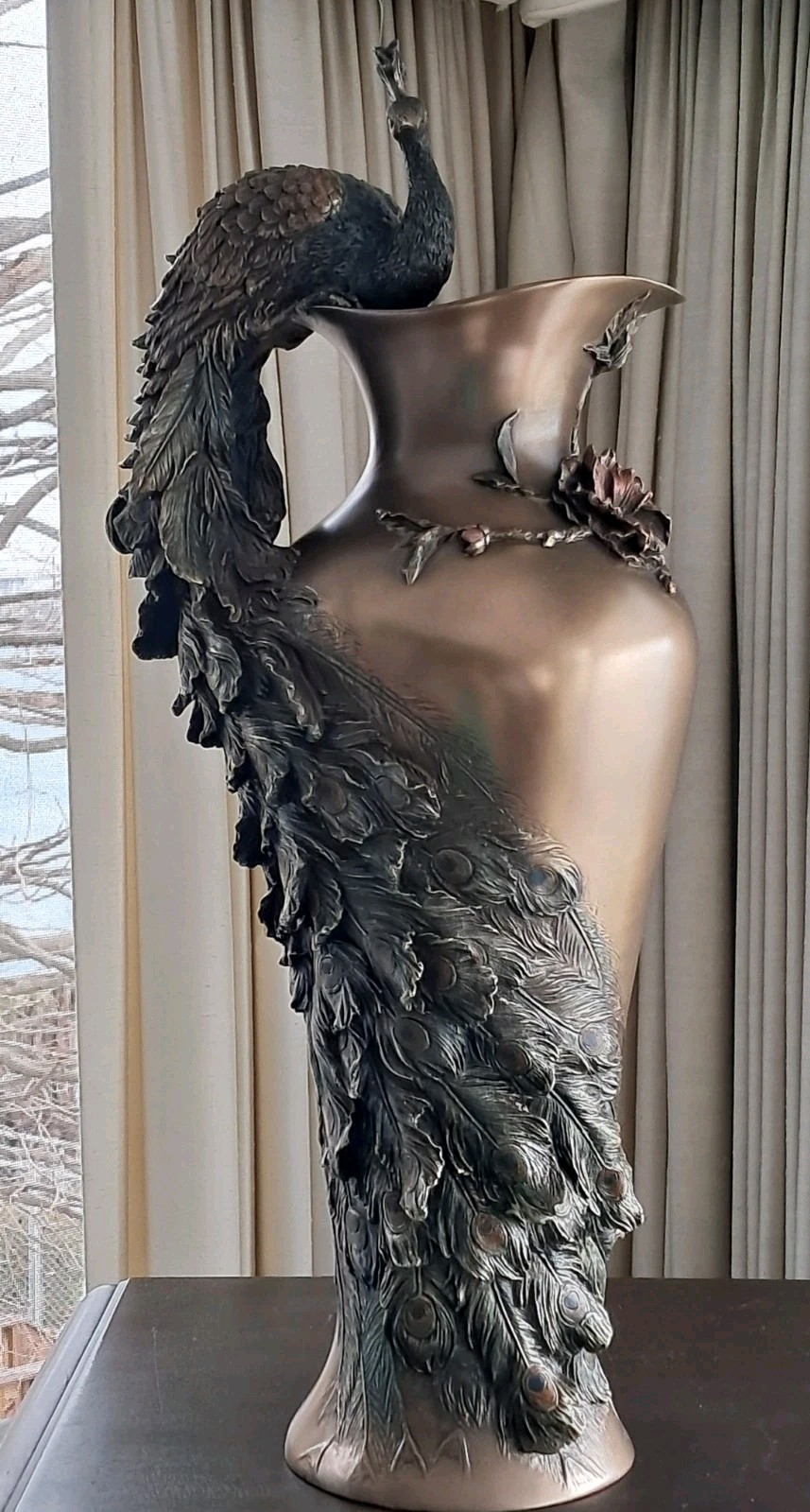 Bronze Style Prunus And Peacock Large Decorative Flower Vase ~ 19.5" Signed