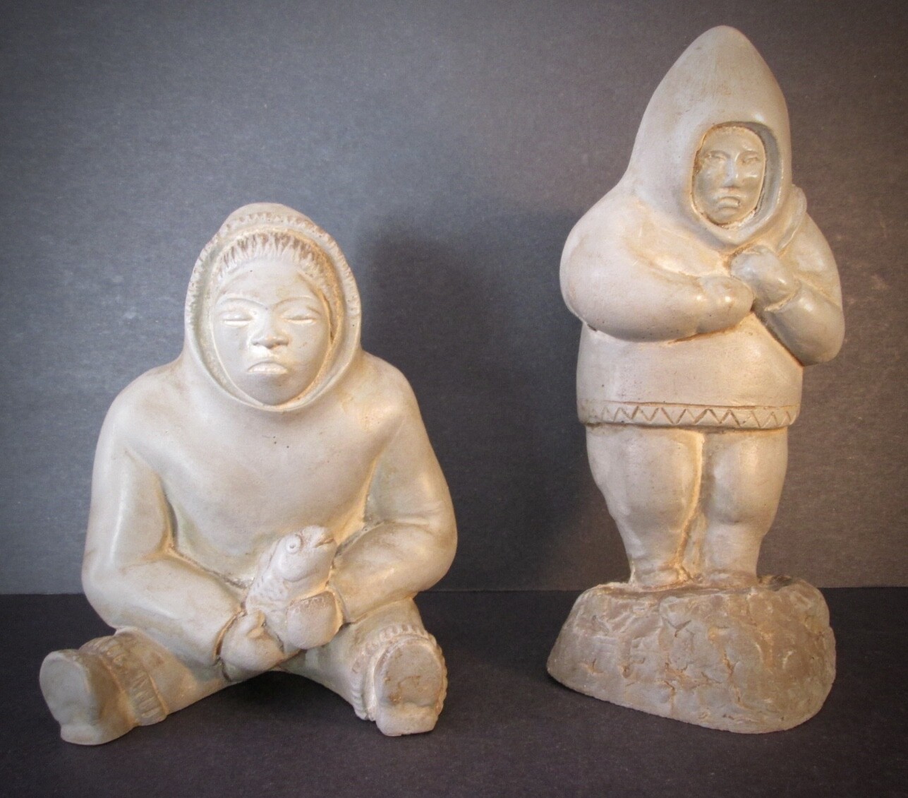 Rare Pair! ESKIMO COUPLE by Woody Mfg. Inc., Canada With Hunted Salmon and Seal!