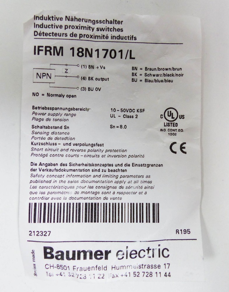 Baumer Electric IFRM1701/L Inductive Proximity Switch -Unused-