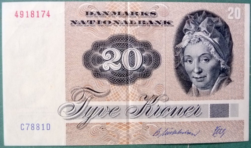 DENMARK 20 KRONER NOTE FROM 1988,  P49 h