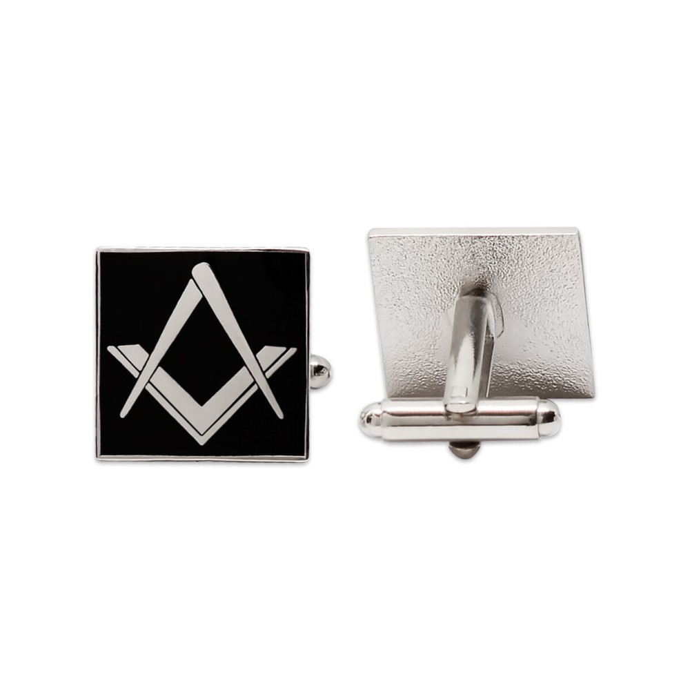 Square & Compass Square Masonic Cuff Link Pair - [Black & Silver][3/4'' Square]