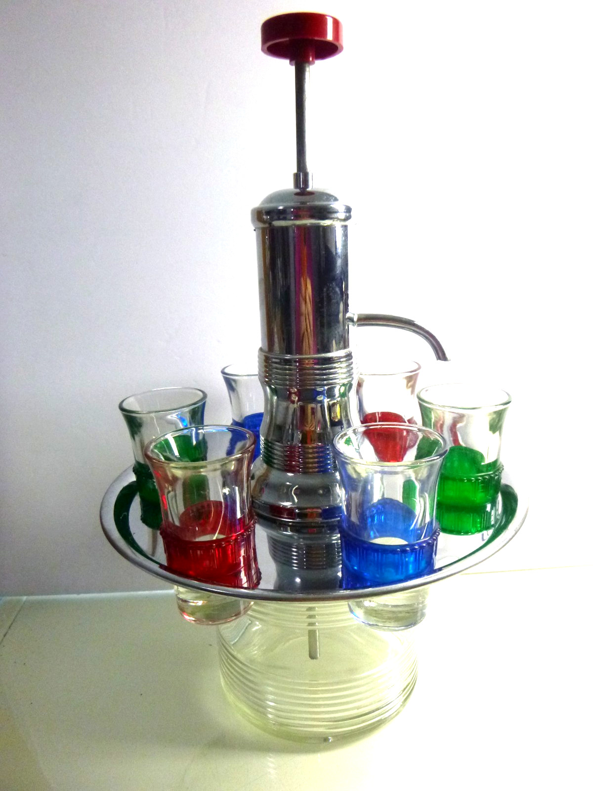 AS IS  Vtg Park Sherman MCM Liquor Dispenser 6 Shot Glasses Rotating Chrome Tray