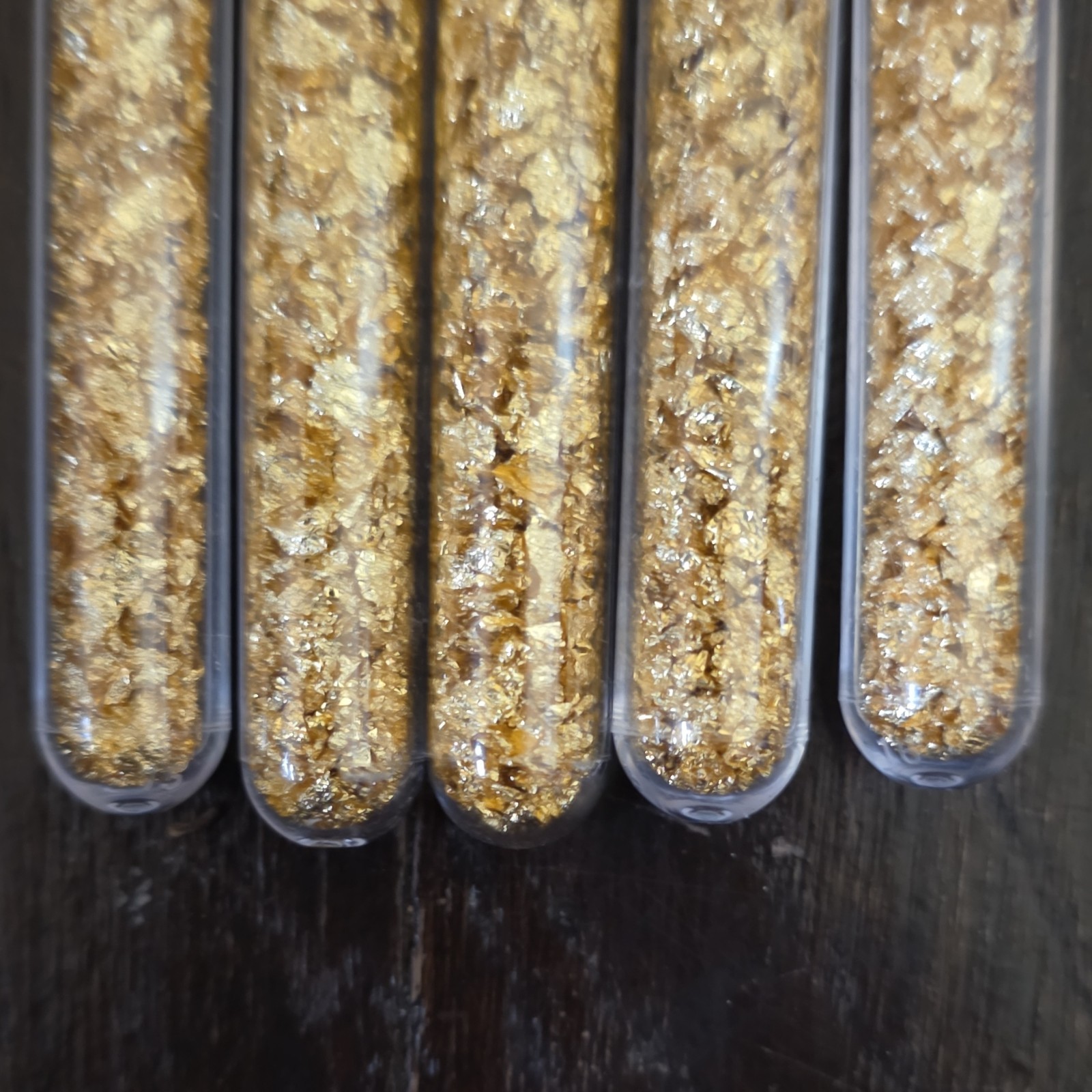 Gold Flakes Real Gold in Plastic Vials Set of 5 Collectible Display Bottles