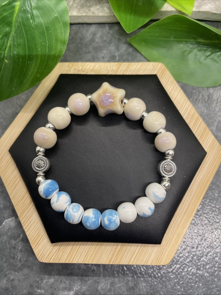 Handmade Ceramic Bead Beaded Stackable 6” Plus Stretch Bracelet New B307