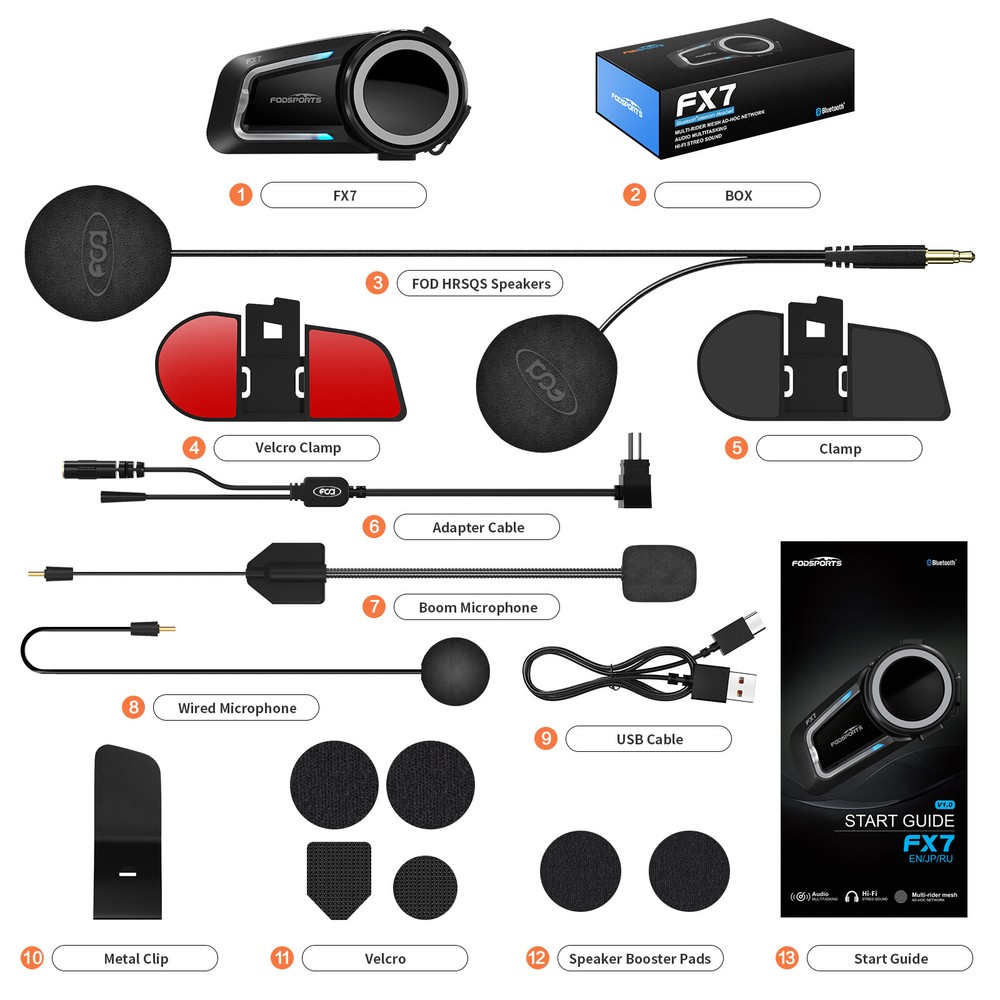 FOD FX7 Intercom Motorcycle Headset Bluetooth Intercoms MESH 10 Riders