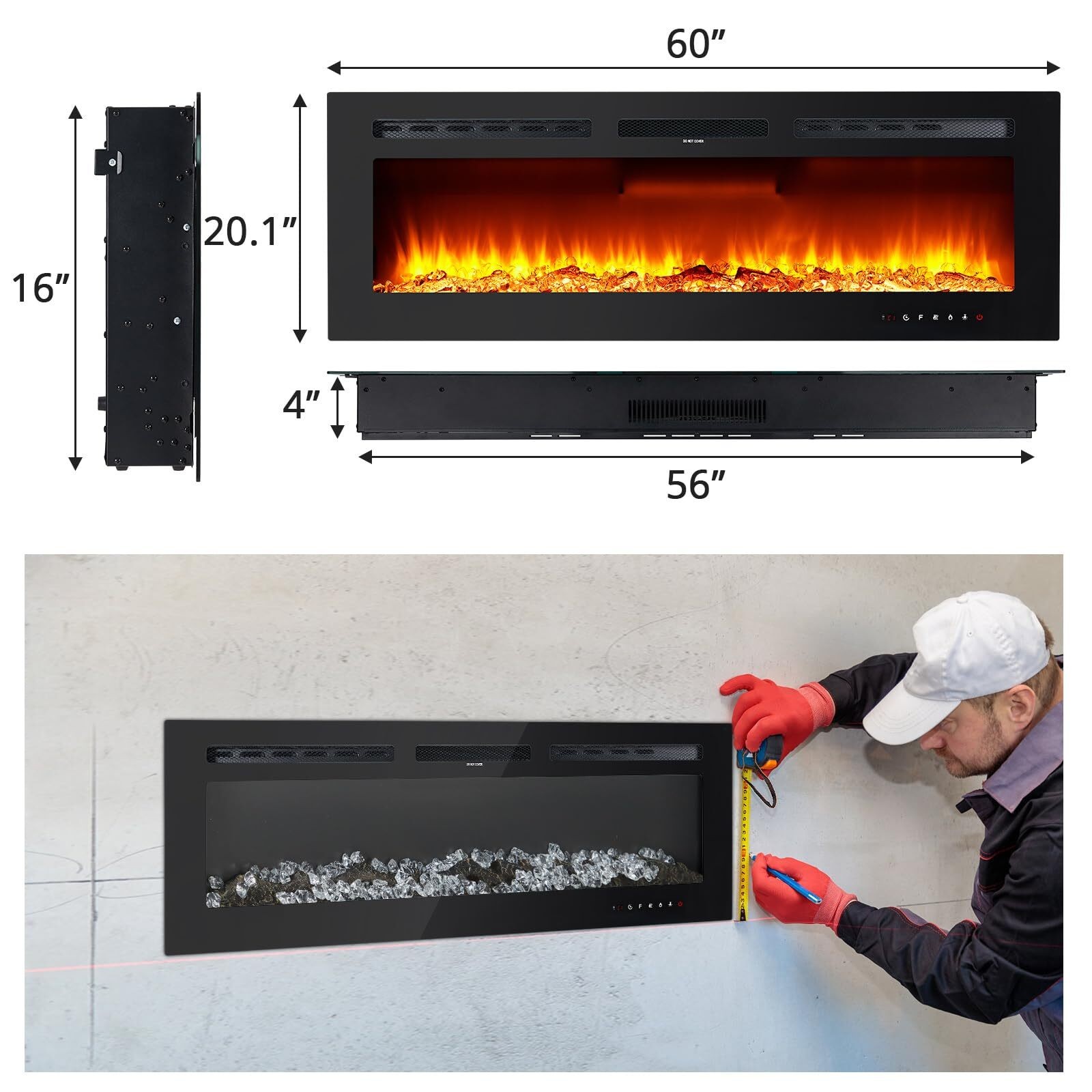 60Inch Electric Fireplace Recessed Wall Mounted Heater W/ Adjustable Flame Color