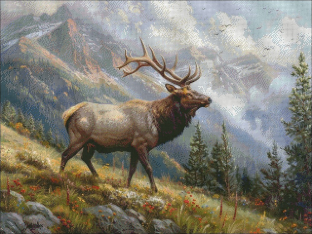Elk in Wilderness - DIY Chart Counted Cross Stitch Patterns Needlework DMC Color