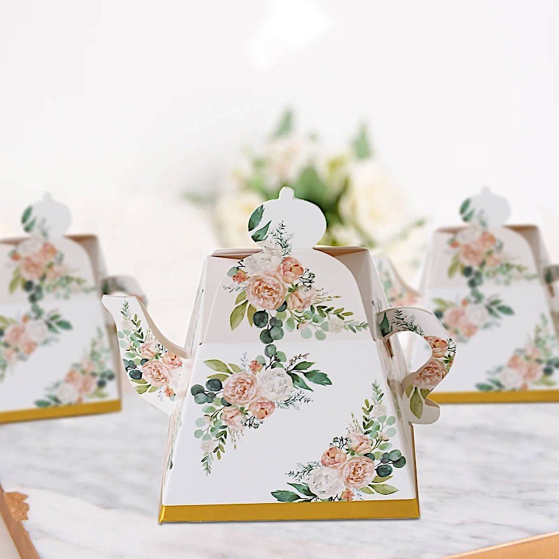 GOLD 25 Mini Teapot 4" Wedding FAVOR BOXES Floral Print Party Event Decorations