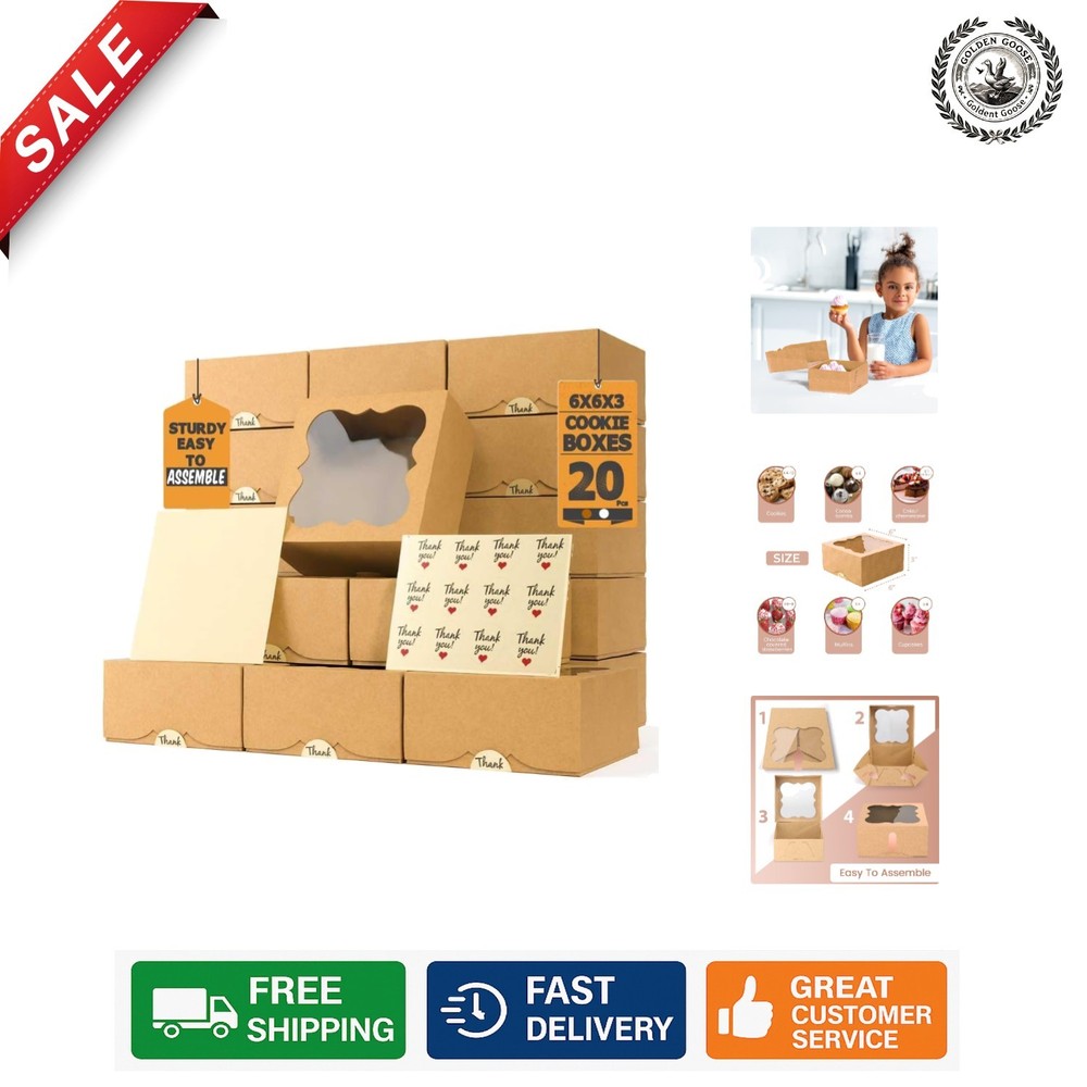 20 Count Extra Thick Cookie Boxes - 6x6x3 Gift-Worthy Bakery Boxes with Window