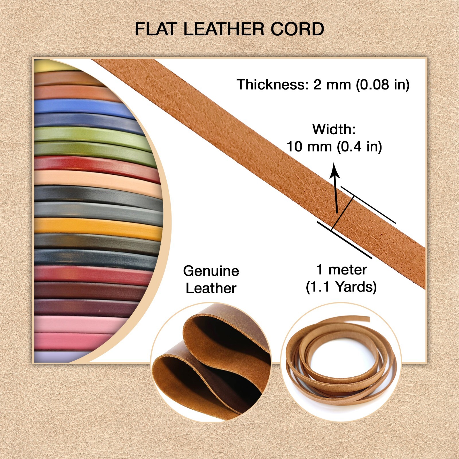 Flat Genuine Leather Cord 10mm - Bracelet Jewelry DIY Craft Making Strip 1.1 Yd.