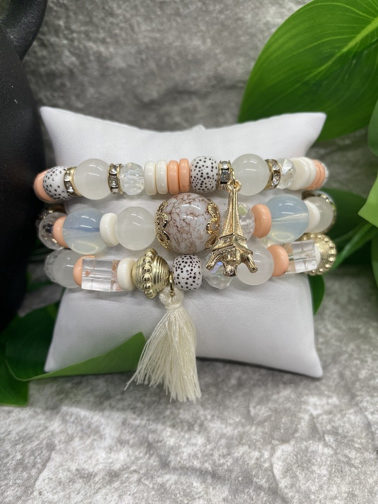 3 PC Handmade Bohemian Beaded Stackable 7” Plus Stretch Bracelet Set New B1690