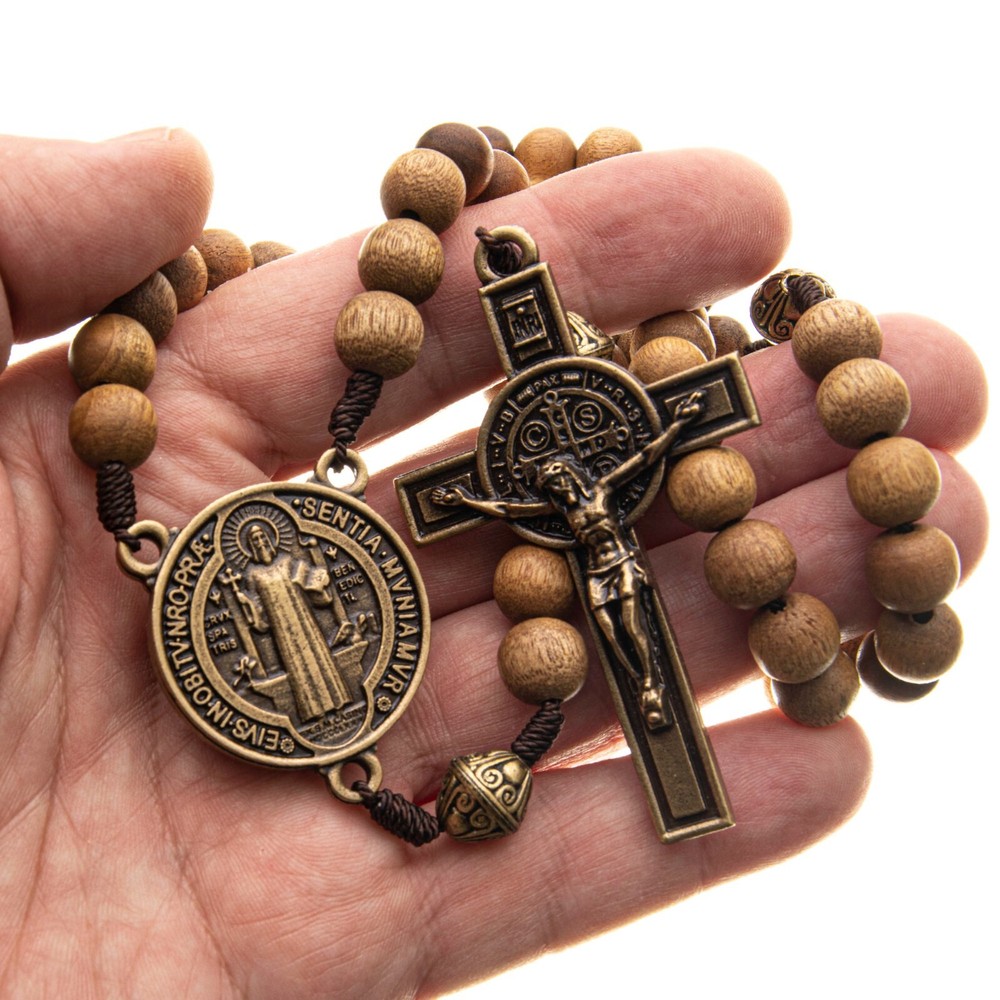 Large Catholic 10mm Wood Rosary Beads 20" Necklace Strong Cord Men Women