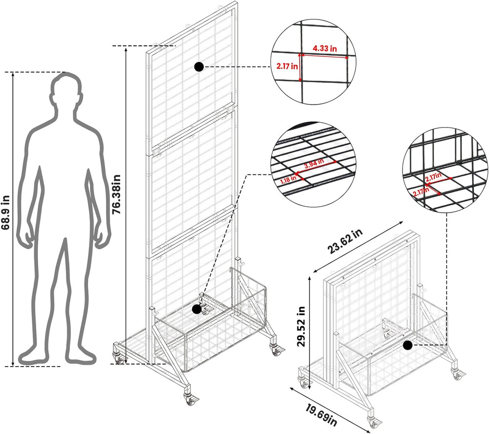 Foldable Grid Wall Panels with Baskets for Retail Display and Storage Solutions