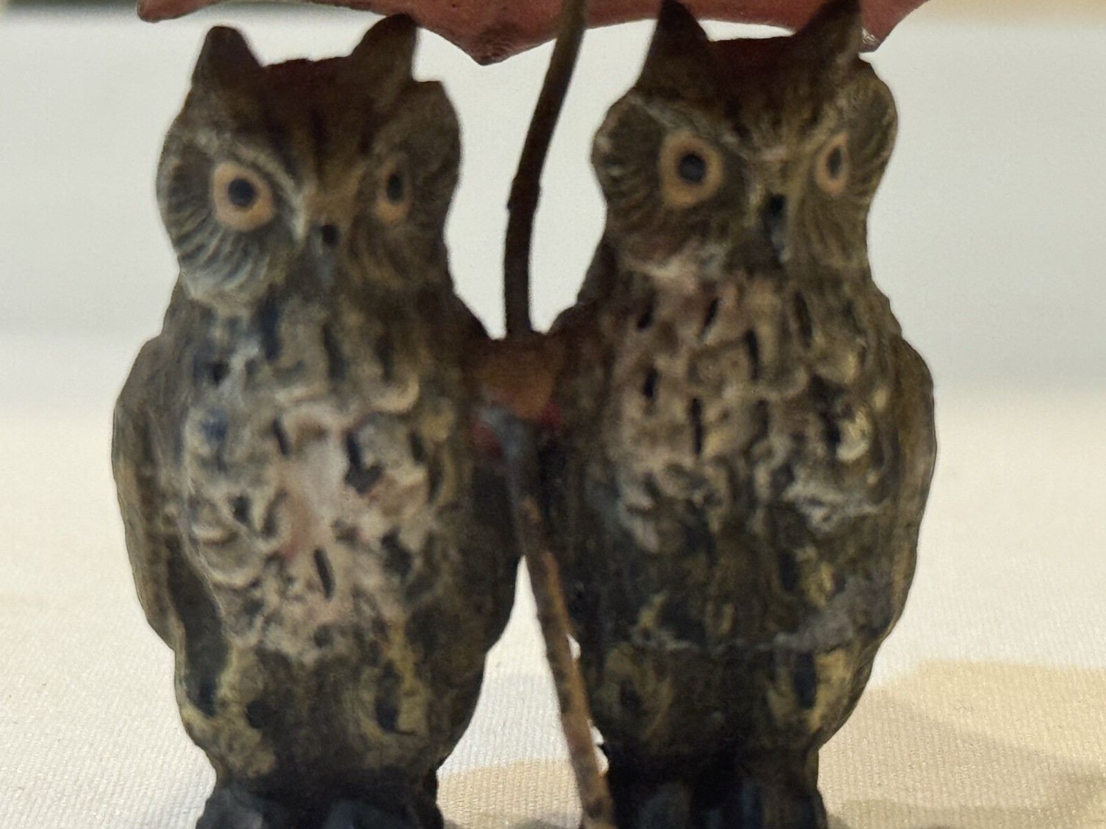 Antique Austrian Bronze Pair of Owls with Red Umbrella- Hand Painted 2in