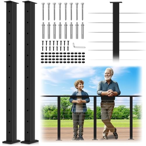 2 Pack Black Cable Railing Post 42Inch Level Drilled 42" 1 Level Post-2 Pack