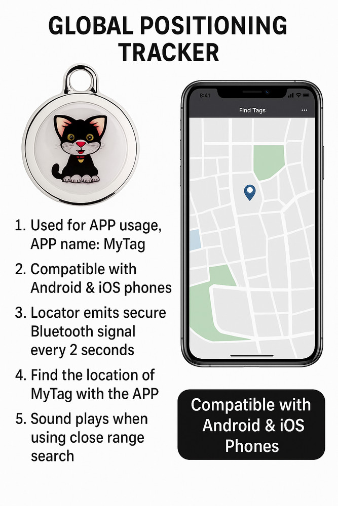 Cat GPS Bluetooth Tracker Collar Tag Anti-Lost Locator for iPhone Android