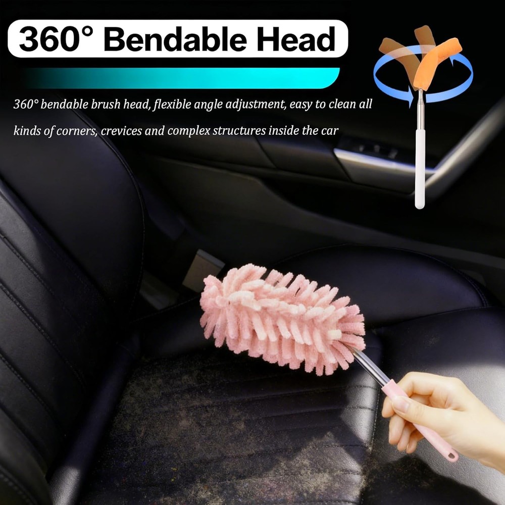 2PCS Car Interior Duster Pink Microfiber with Bendable Head & Retractable Pole