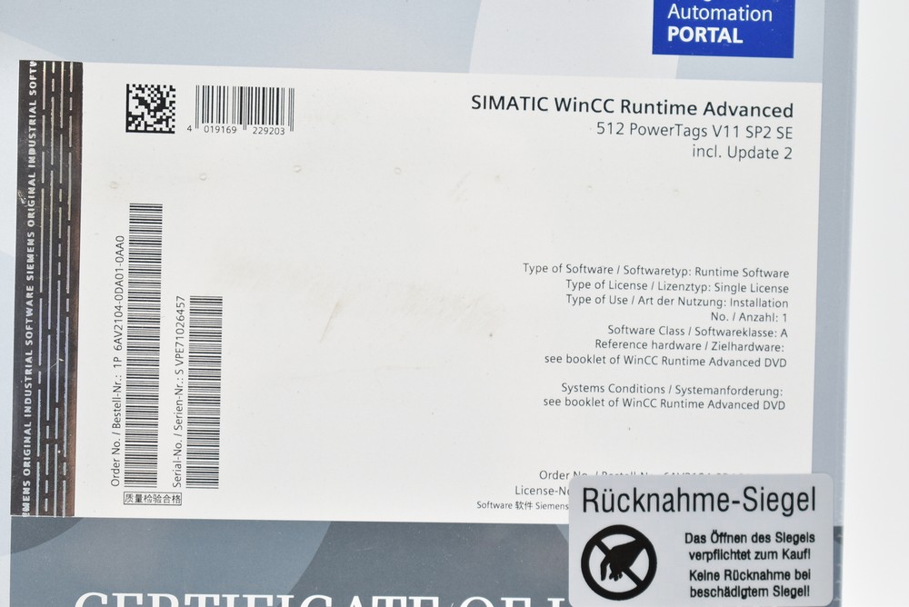 Siemens simatic WinCC Runtime Advanced 512 PowerTags V11 SP2 6AV2104-0DA01-0AA0